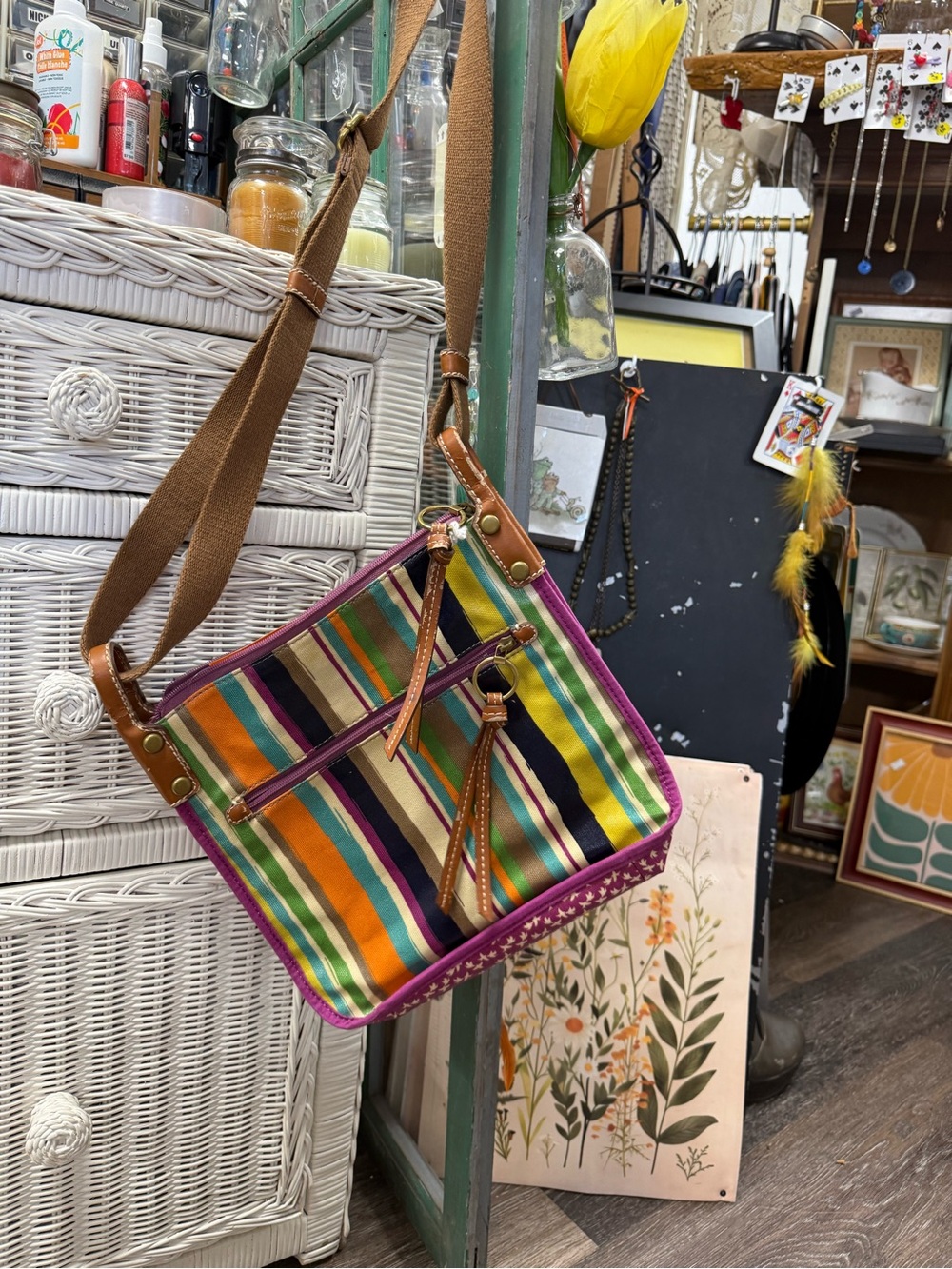 Fossil Multicolor Striped Canvas Crossbody with Tan Strap